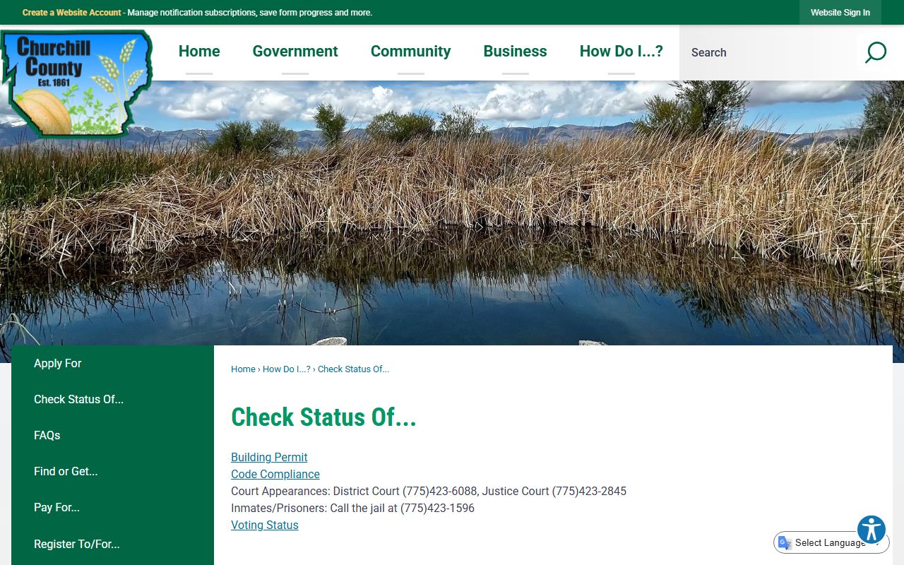 Churchill County inmate search status page telling users to call the jail